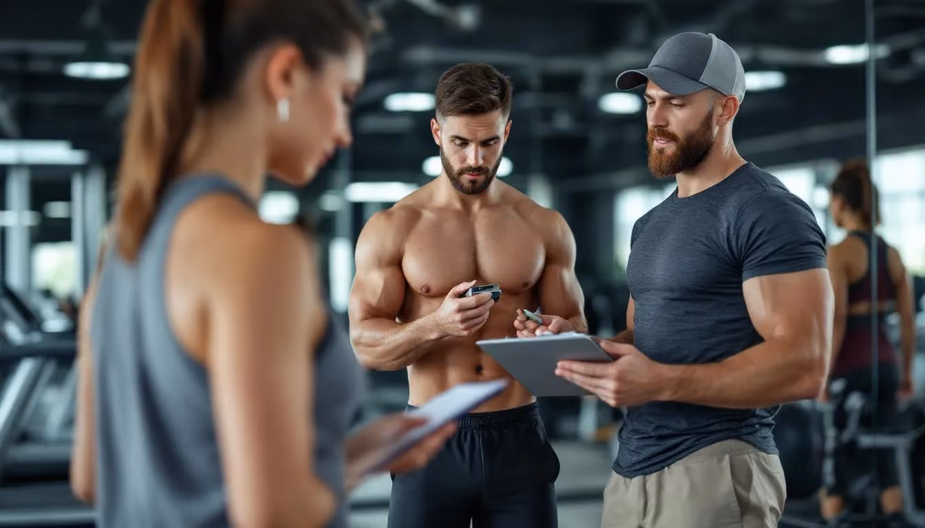 Personal trainers are conducting health and lifestyle assessments with clients, utilizing various assessment tools.