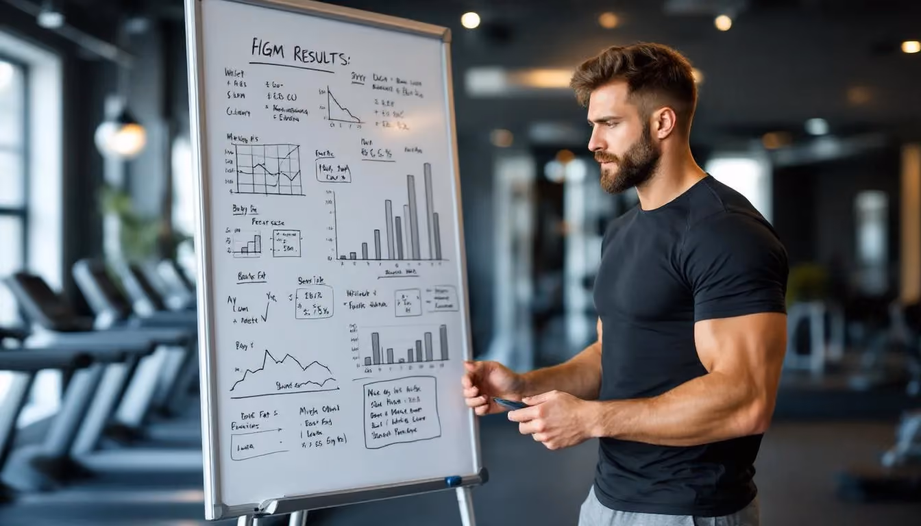 A personal trainer analyzing a client's results on a whiteboard, which displays various fitness assessment metrics.