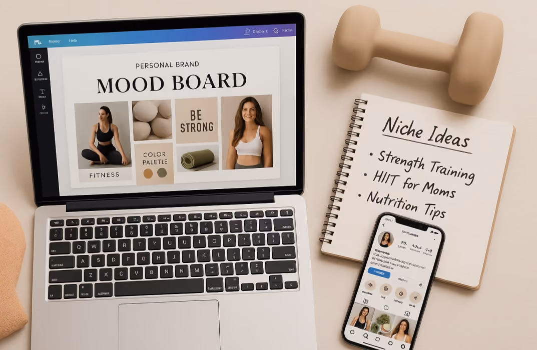 A personal trainer's laptop showing their business mood board and niche ideas on a note pad.