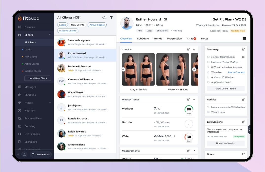 Screenshot of a personal trainer software dashboard showing client progress charts, upcoming appointments, and workout statistics.