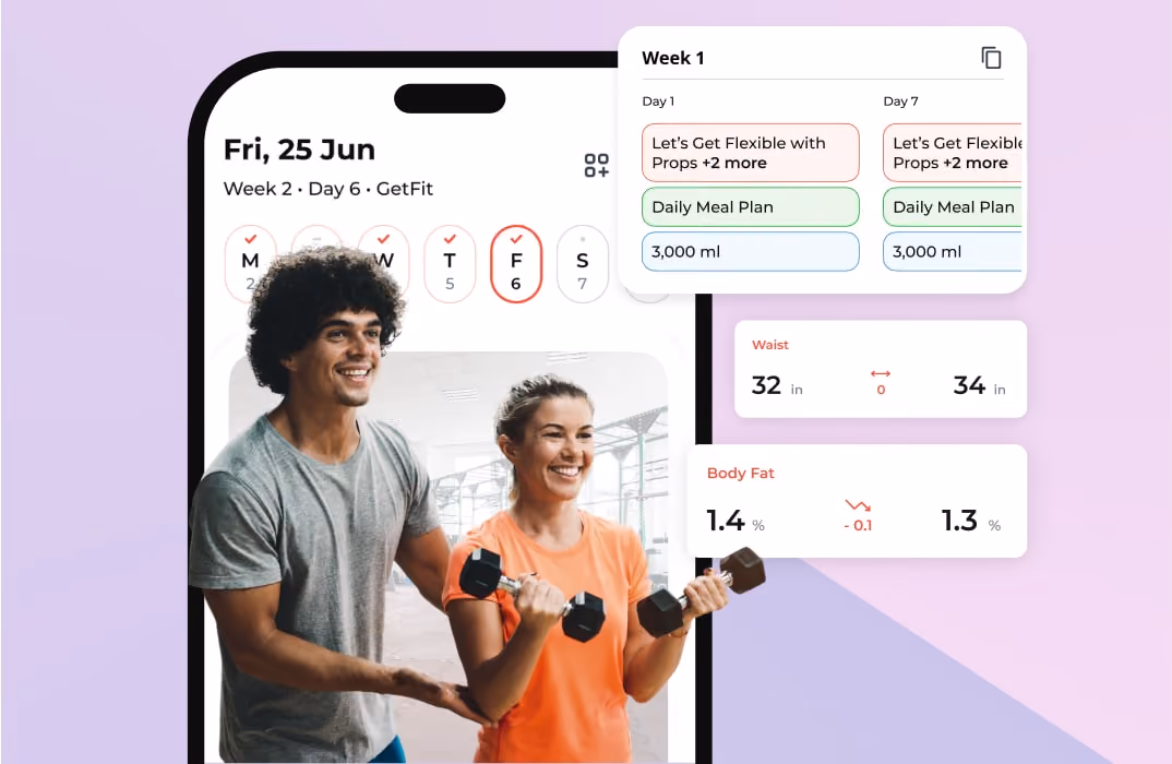 Mobile app interface showing client progress charts, workout logs, and body composition tracking over time.