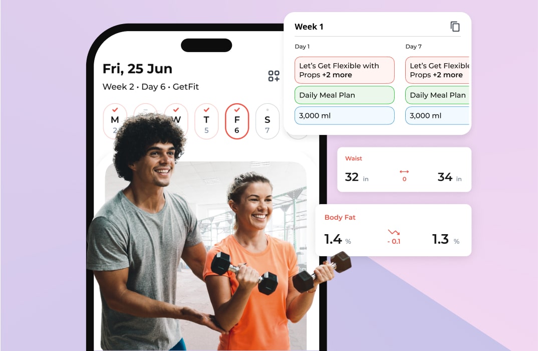  Mobile app interface showing client progress charts, workout logs, and body composition tracking over time.