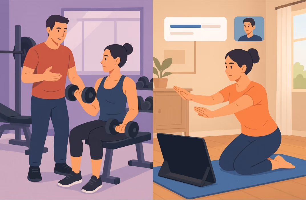 Online personal training session accessed via tablet, showing remote fitness coaching.