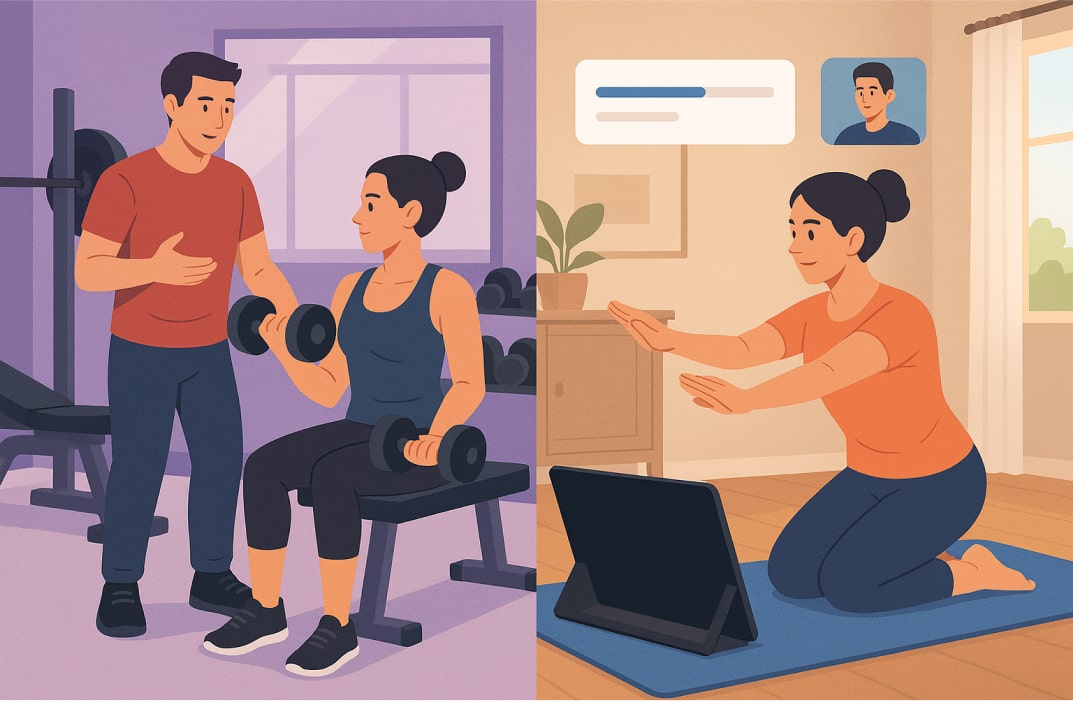 Online personal training session accessed via tablet, showing remote fitness coaching.
