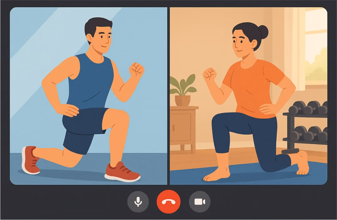 Trainer and client in a live video call during a personalized virtual workout.