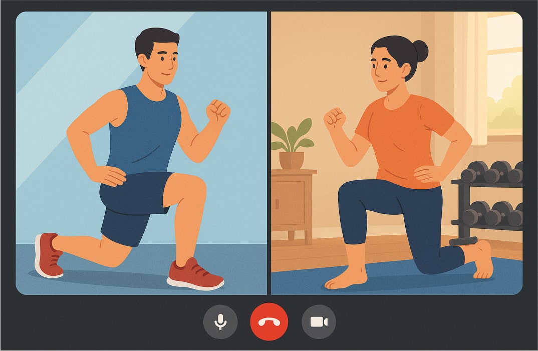 Trainer and client in a live video call during a personalized virtual workout.