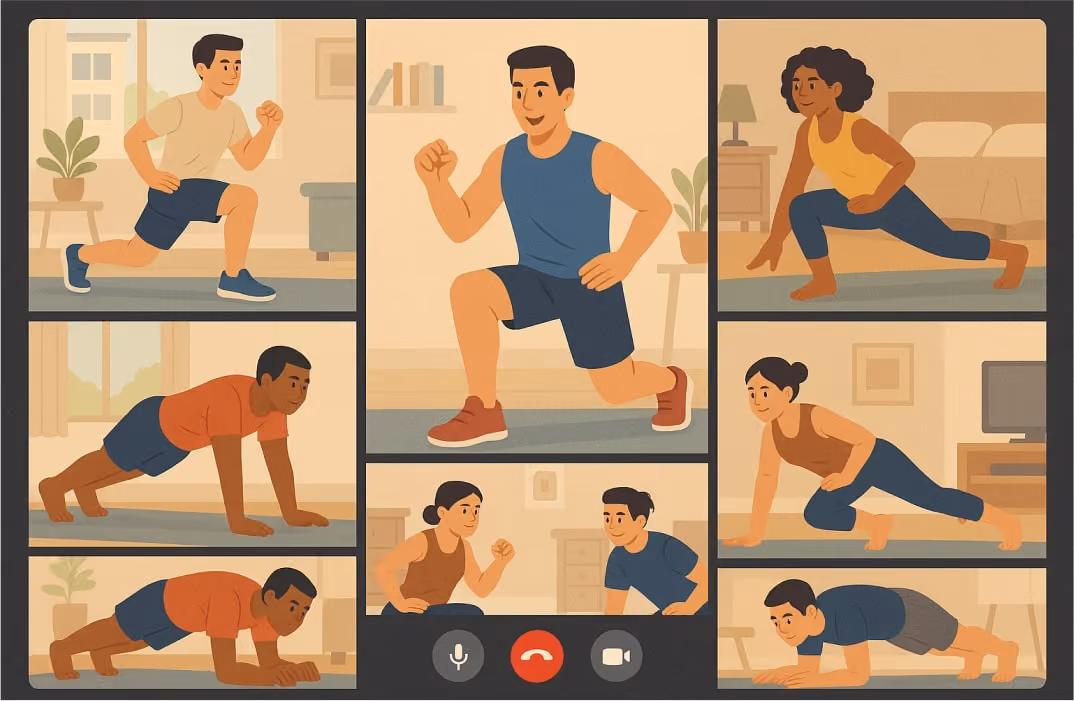 Online group fitness class led by a virtual trainer on a video conferencing platform.