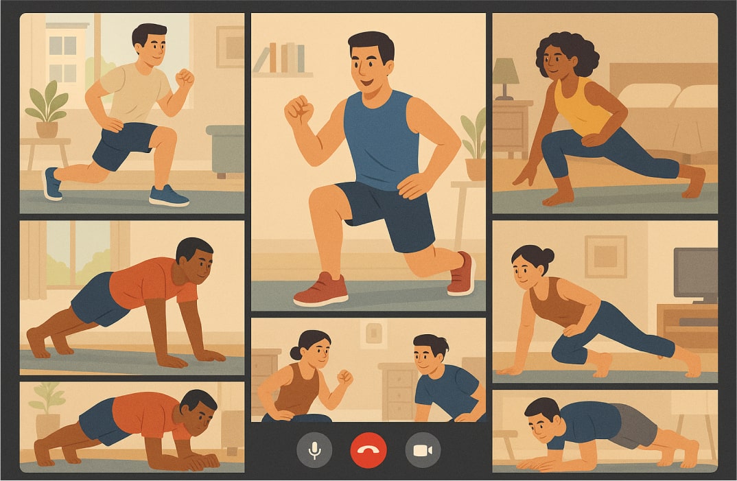 Online group fitness class led by a virtual trainer on a video conferencing platform.