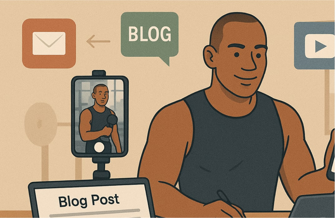 Split-screen of a fitness trainer’s online visibility and content marketing activities.