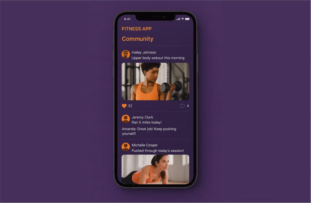 Mobile fitness app community feed showing users posting workout updates and progress photos, emphasizing the role of branding in community building.