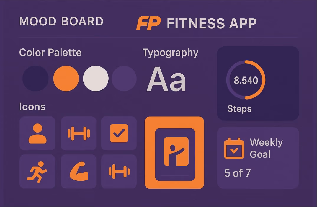 Fitness app mood board featuring color palette, typography, and custom icons, demonstrating the role of visual branding in app design.