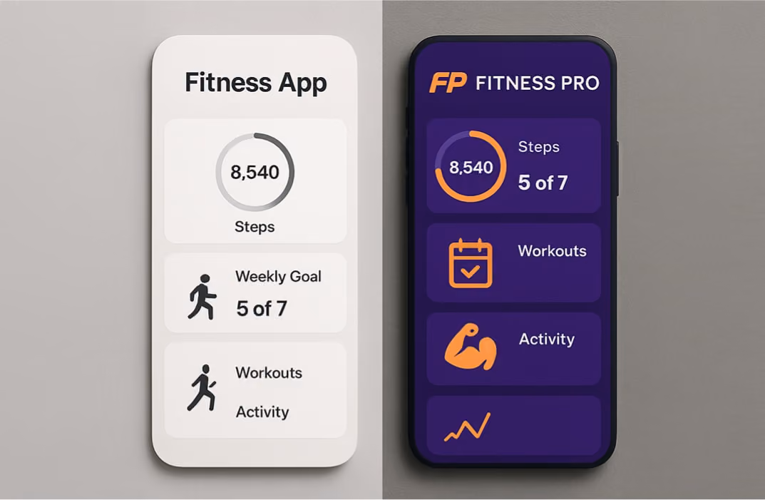 Side-by-side comparison of a generic fitness app interface and a branded fitness app interface, illustrating how cohesive branding enhances user experience.
