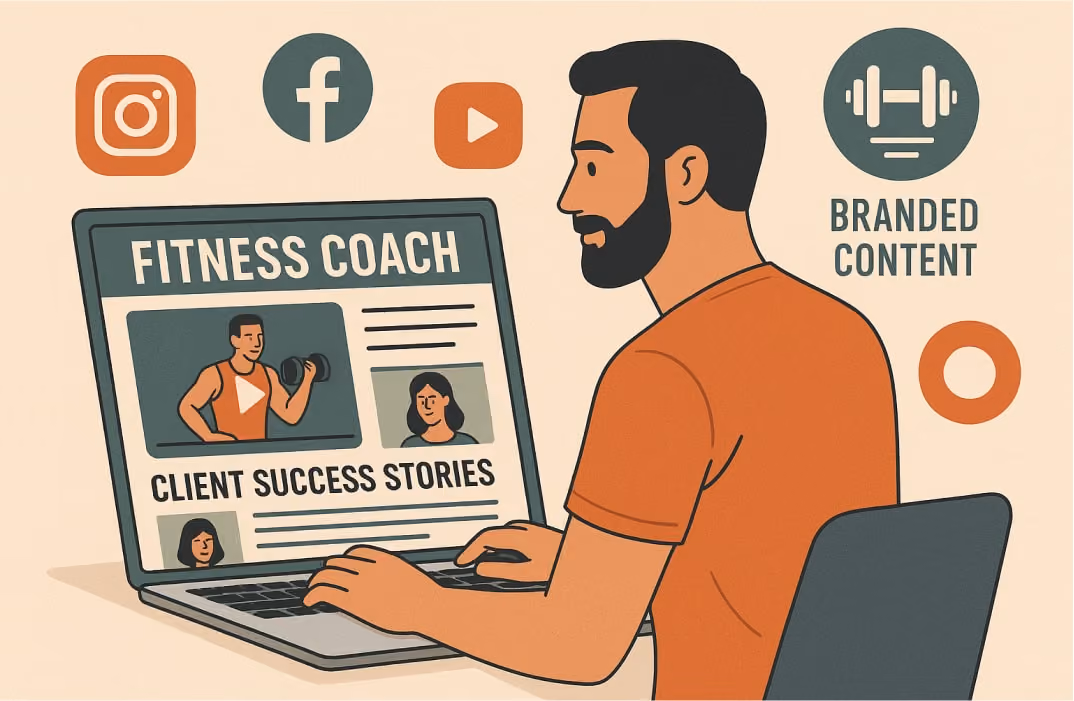 A modern, eye-catching illustration of a fitness coach working on a laptop with a professional website displayed on the screen, surrounded by social media icons like Instagram, Facebook, and YouTube. Visual elements show workout videos, client success stories, and branded content