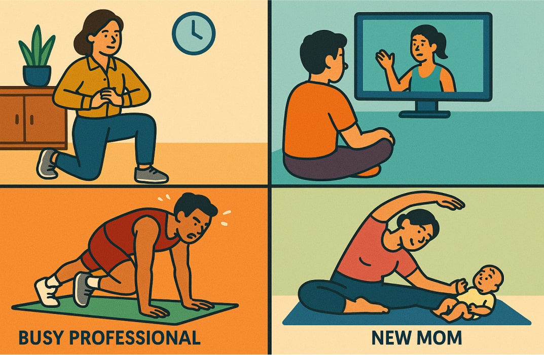 A split-screen visual showing four different types of fitness clients: a busy professional doing a quick workout at home, a beginner following an online fitness video, an athlete performing intense HIIT training, and a new mom doing a gentle postnatal routine.