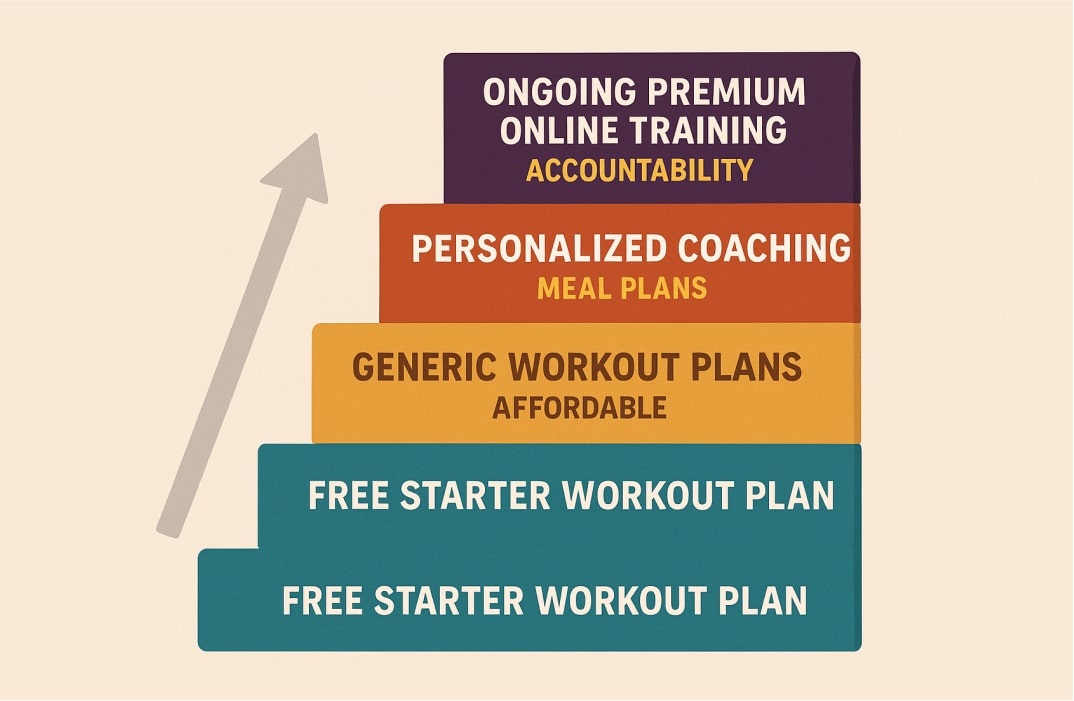 An infographic-style visual showing a tiered ladder of personal training options: at the bottom, a free starter workout plan; in the middle, affordable generic workout plans; higher up, personalized coaching with meal plans; and at the top, ongoing premium online training for accountability
