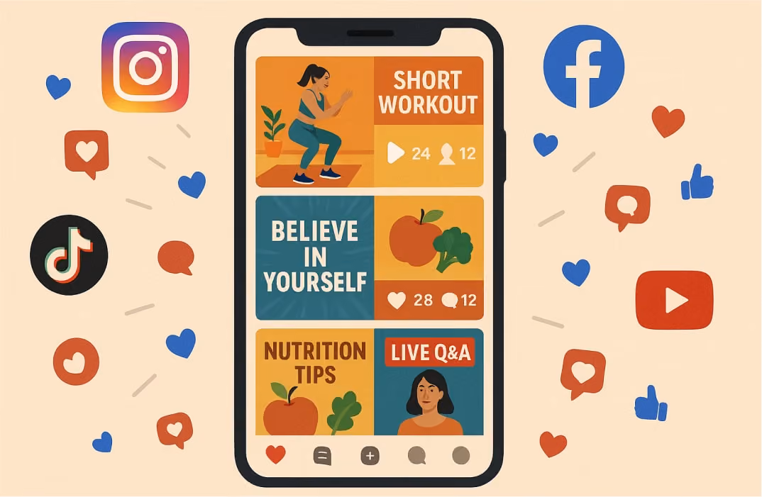 A vibrant collage of social media posts on a smartphone screen showing short workout videos, motivational quotes, nutrition tips, and a live Q&A session. Around the phone, icons of popular platforms (Instagram, Facebook, TikTok, YouTube) are displayed, with animated likes, comments, and shares floating outward. The overall vibe emphasizes community, engagement, and trust-building rather than sales-heavy promotion.