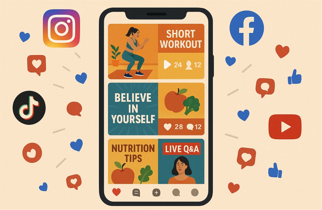 A vibrant collage of social media posts on a smartphone screen showing short workout videos, motivational quotes, nutrition tips, and a live Q&A session. Around the phone, icons of popular platforms (Instagram, Facebook, TikTok, YouTube) are displayed, with animated likes, comments, and shares floating outward. The overall vibe emphasizes community, engagement, and trust-building rather than sales-heavy promotion.