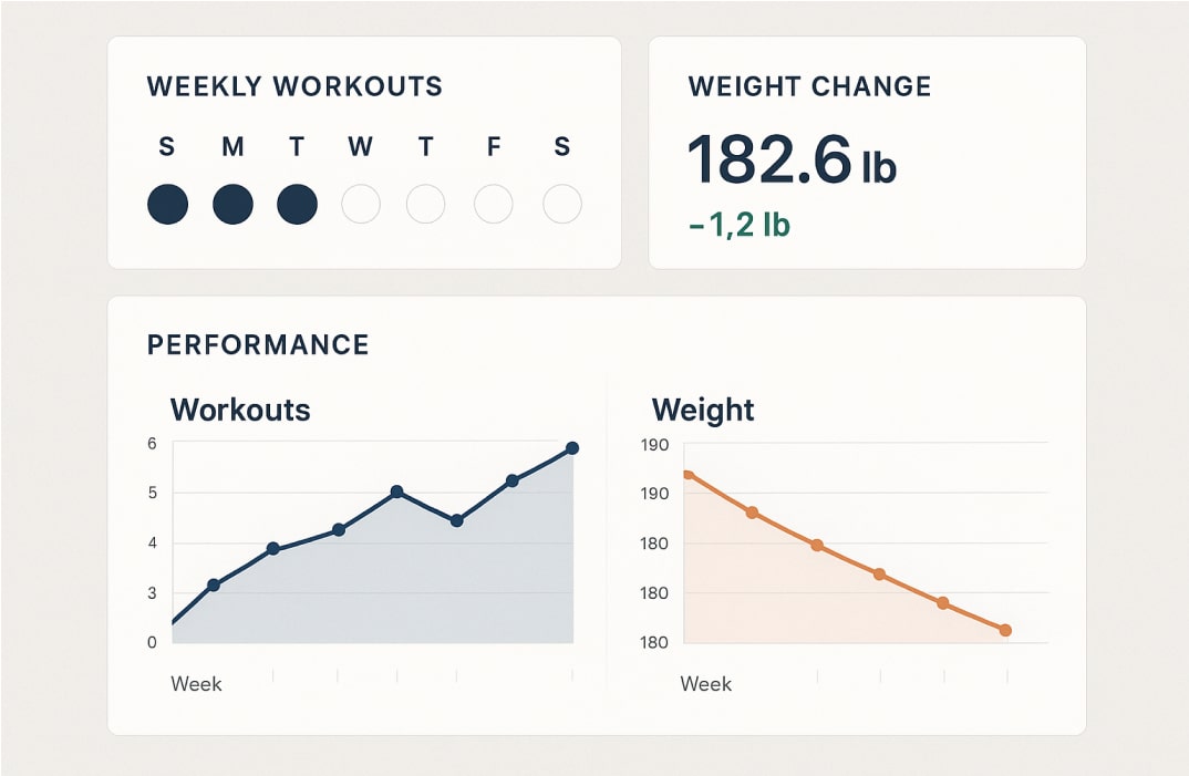 Fitness app dashboard tracking client progress with charts and workout completion statistic