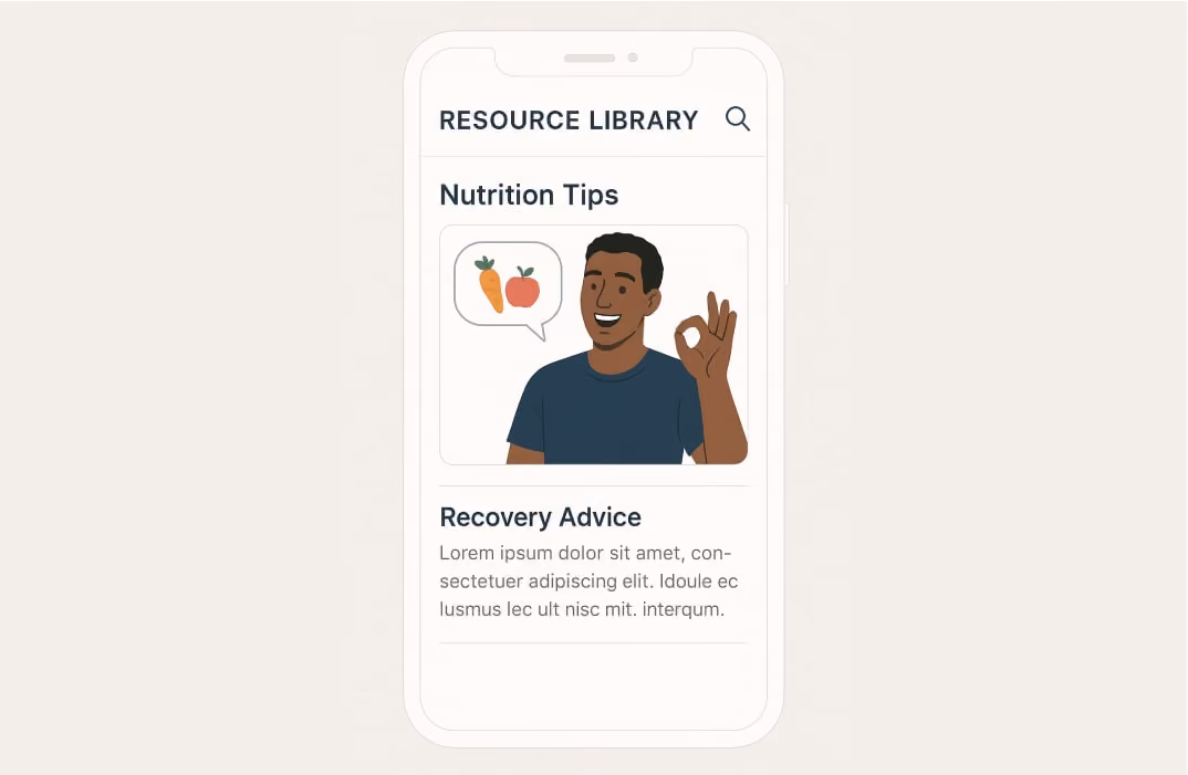 A personal trainer sharing nutrition tips and recovery advice in a mobile app’s resource library.