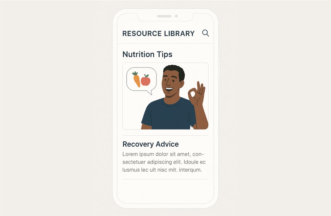 A personal trainer sharing nutrition tips and recovery advice in a mobile app’s resource library.