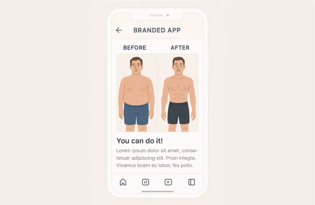 Client success story showcased with before-and-after fitness transformation photos in a trainer app
