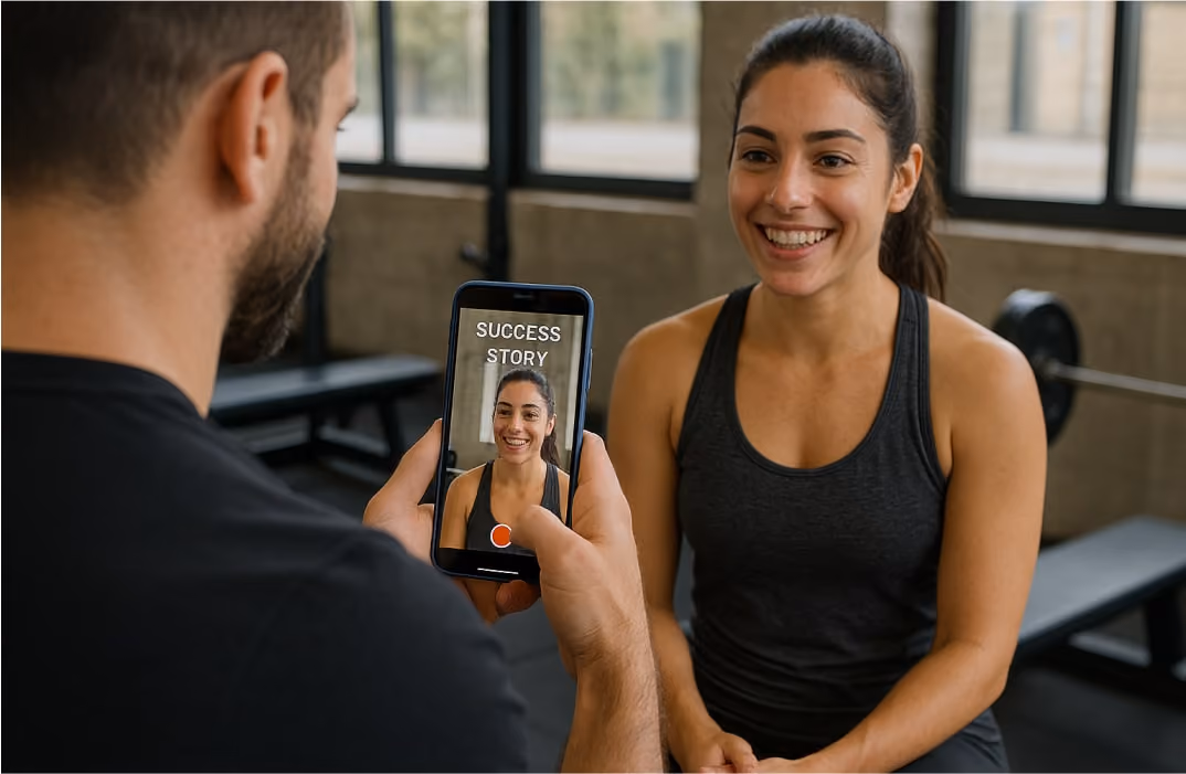 Fitness coach capturing a client’s video testimonial at the gym to showcase training results”