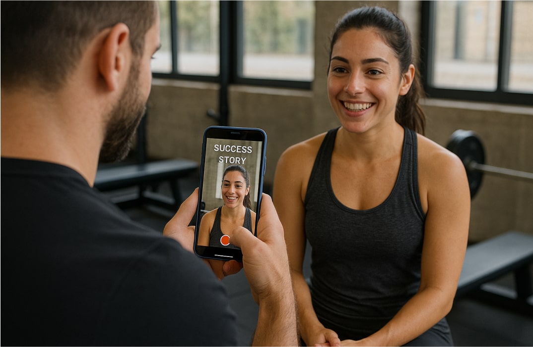 Fitness coach capturing a client’s video testimonial at the gym to showcase training results”
