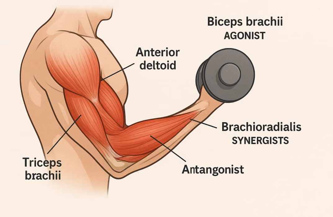 An illustration of a bicep curl showing the muscles involved, with the biceps brachii labeled as the agonist, the brachioradialis and anterior deltoid labeled as synergists, and the triceps brachii labeled as the antagonist.