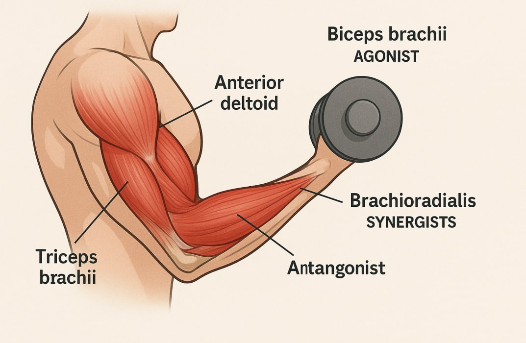 An illustration of a bicep curl showing the muscles involved, with the biceps brachii labeled as the agonist, the brachioradialis and anterior deltoid labeled as synergists, and the triceps brachii labeled as the antagonist.