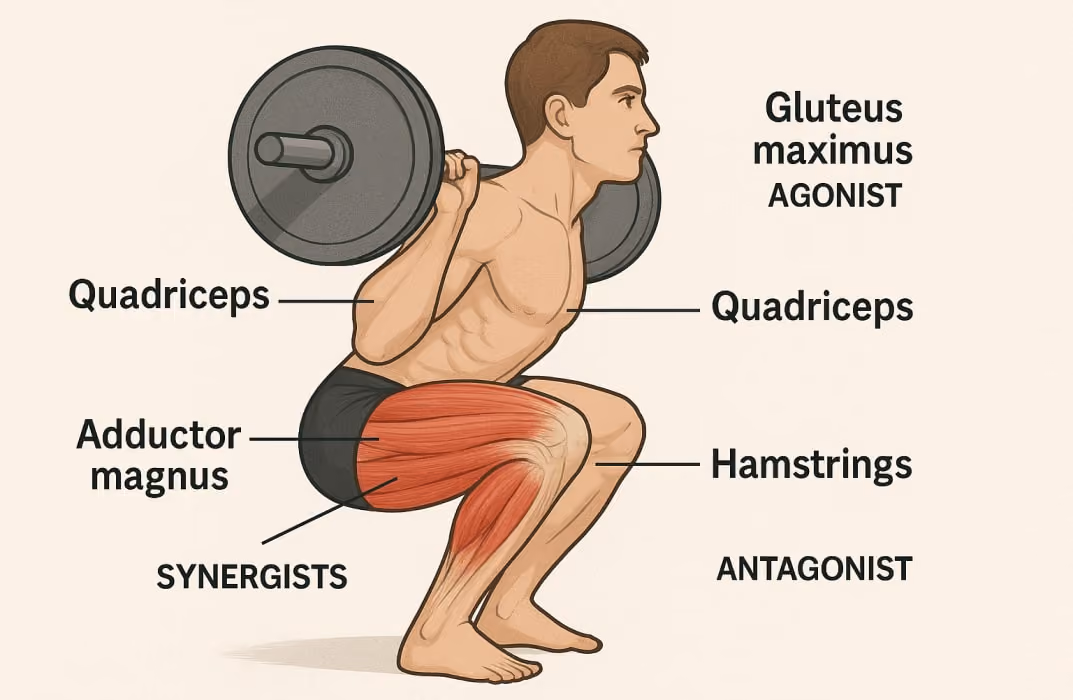 An illustration showing a person performing a squat, with muscles labeled to indicate their roles.