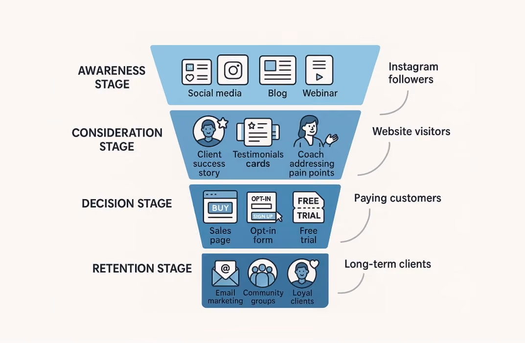 A clean, modern infographic showing a fitness sales funnel with four stages stacked vertically. At the top, the Awareness Stage is represented by icons of social media posts, Instagram stories, a blog post, and a webinar screen