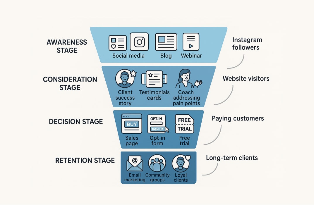 A clean, modern infographic showing a fitness sales funnel with four stages stacked vertically. At the top, the Awareness Stage is represented by icons of social media posts, Instagram stories, a blog post, and a webinar screen