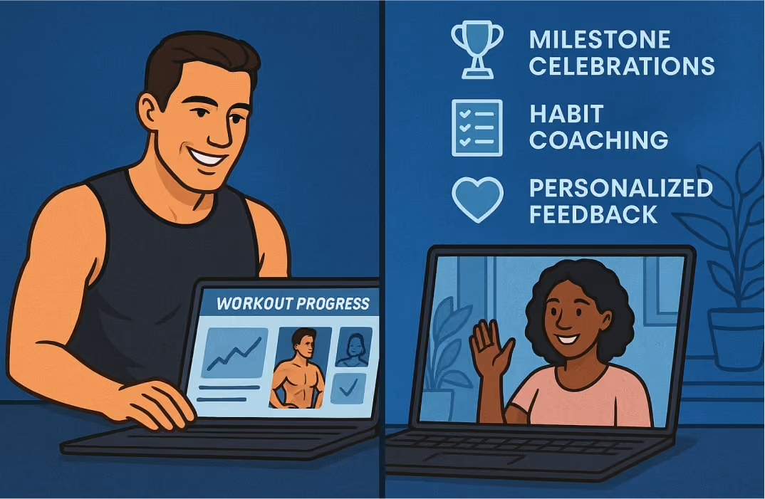 A split-screen visual showing an online personal trainer on a video call with a client. On one side, the trainer smiles while reviewing the client’s workout progress on a laptop screen with visible charts and photos. On the other side, icons represent personalized feedback, habit coaching, and milestone celebrations — such as a trophy icon, a checklist, and a heart symbol
