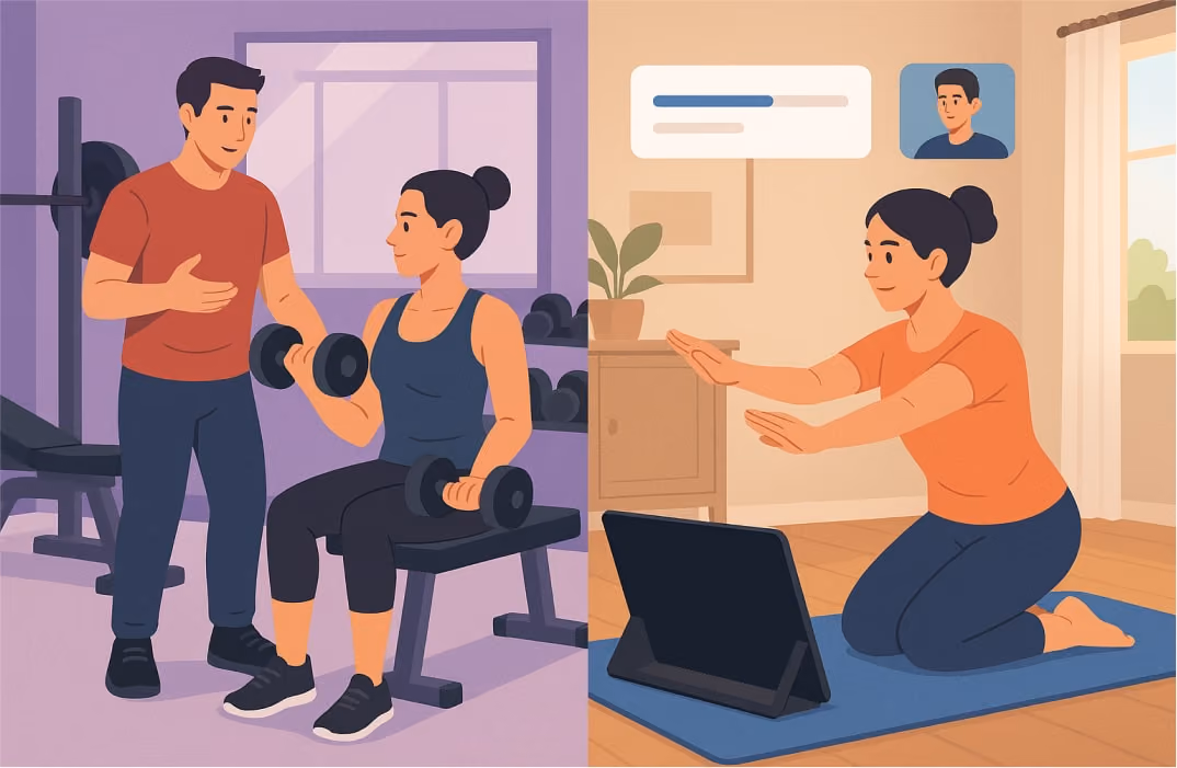 an infographic of a gym where a coach helping her client to do gym workout