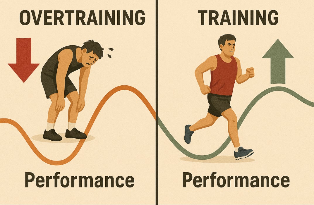 A graphic showing two athletes: one exhausted from overtraining vs. one following the proper supercompensation curve with improved performance, ready for a new round of training
