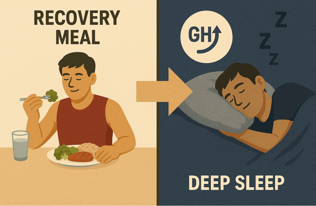 A split visual: left side showing an athlete eating a balanced recovery meal, right side showing deep sleep with a growth hormone icon, arrows pointing toward “supercompensation.”