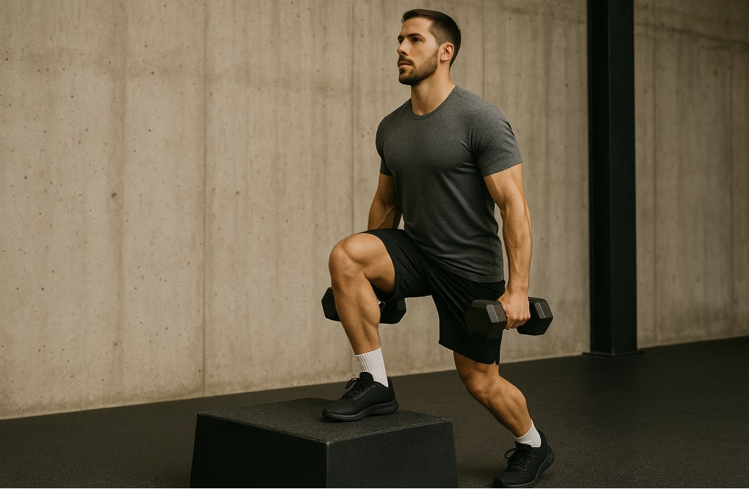 A person doing step-ups with dumbbells, symbolizing the blend of strength and endurance in one movement.