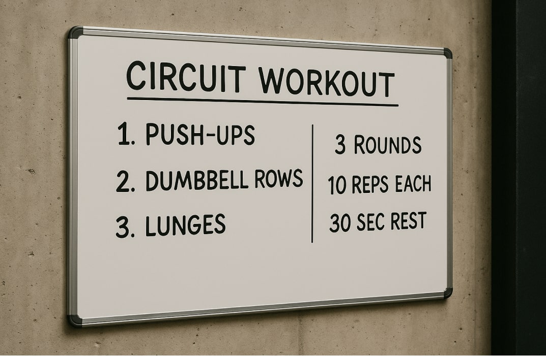 A whiteboard in a gym showing a circuit workout plan, emphasizing structured programming for endurance training.