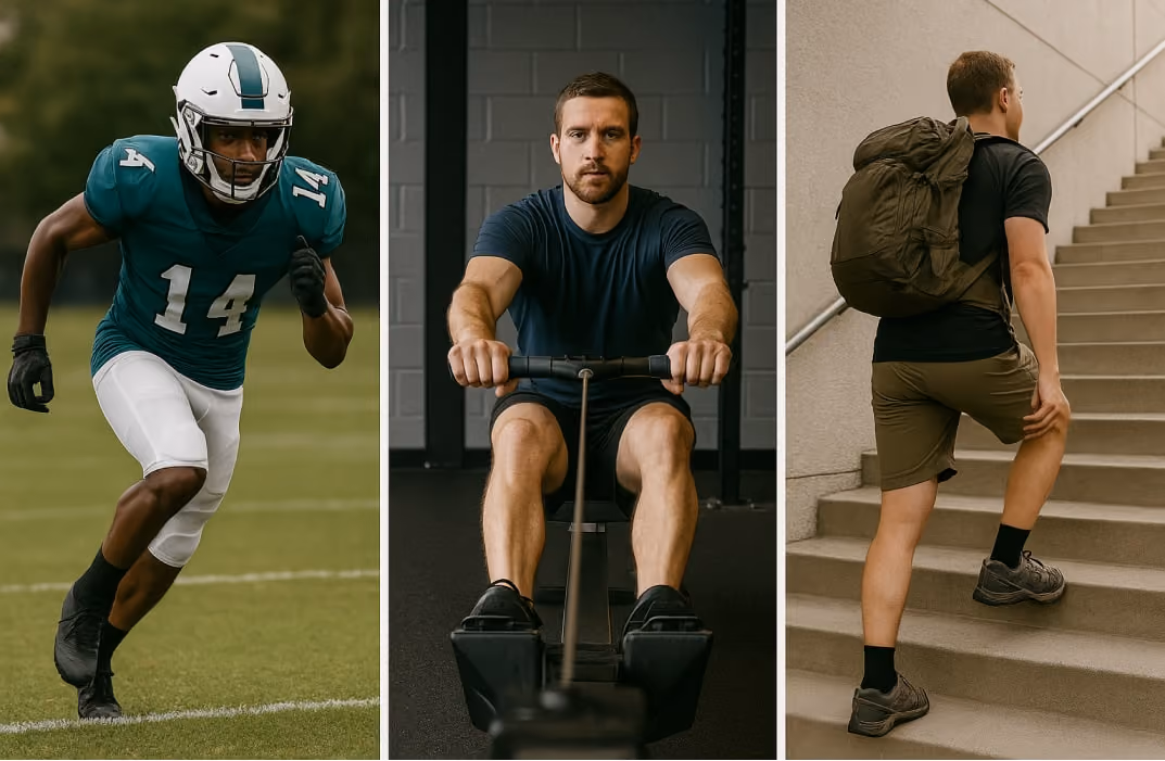 Strength Endurance example as three people in the image one is athlete one is doing workout and one is one strairs