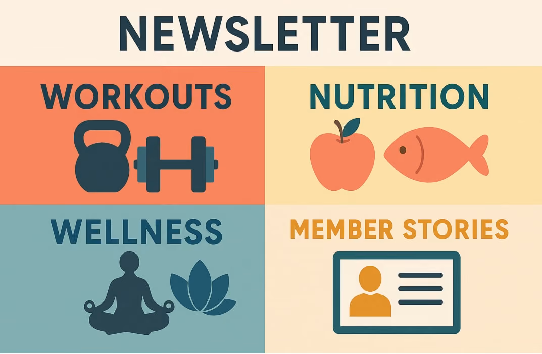 A colorful infographic or collage showing various newsletter topics: workouts, nutrition, wellness, member stories.