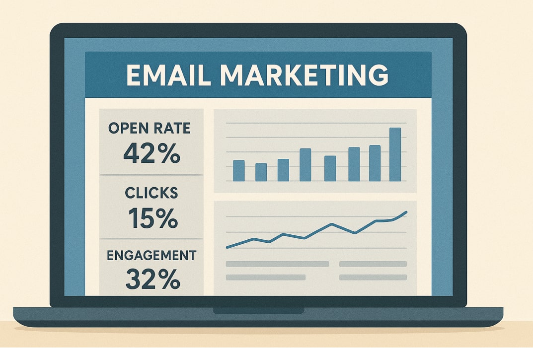 Email marketing dashboard showing analytics: open rates, clicks, and engagement