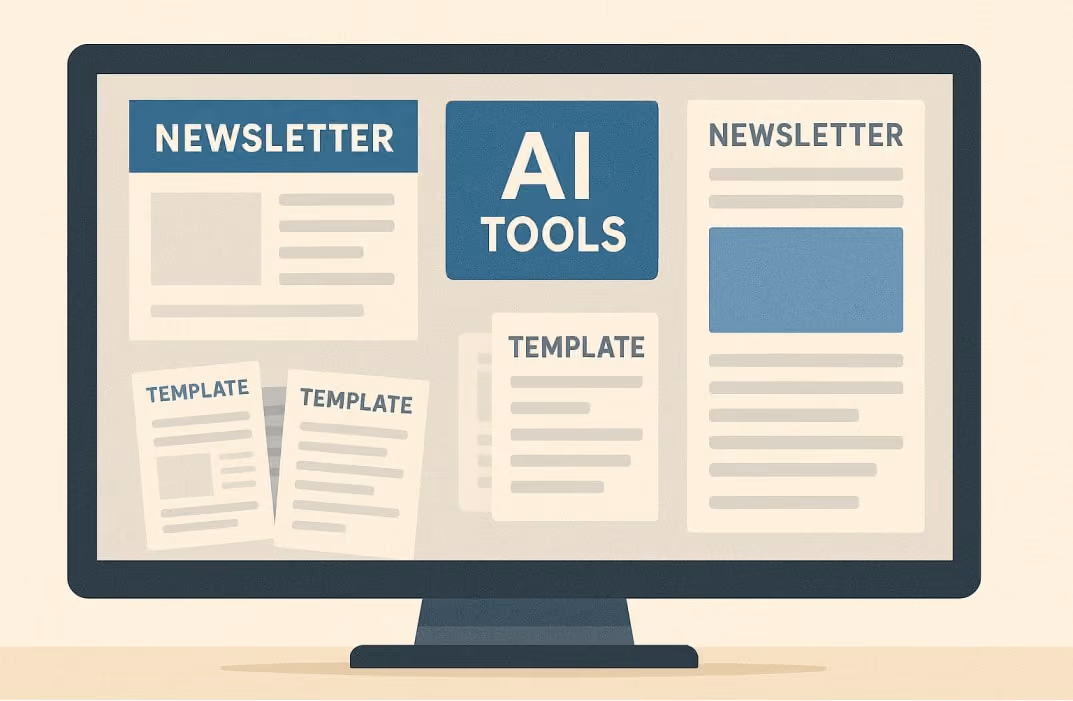 Collection of newsletter templates and AI tools displayed on a desktop.