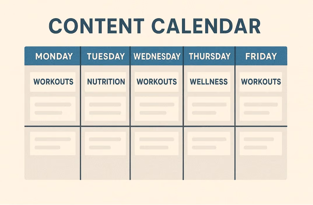 Content calendar with weekly topics, workouts, nutrition, and wellness.