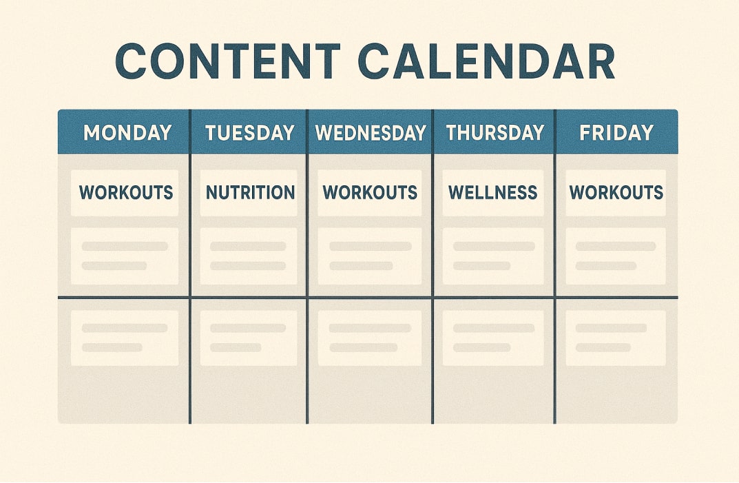 Content calendar with weekly topics, workouts, nutrition, and wellness.