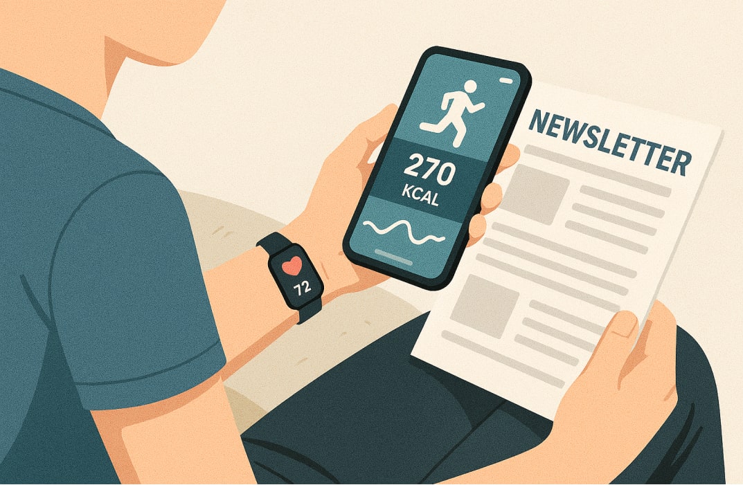 Person using a fitness app with wearable technology while reading a newsletter.