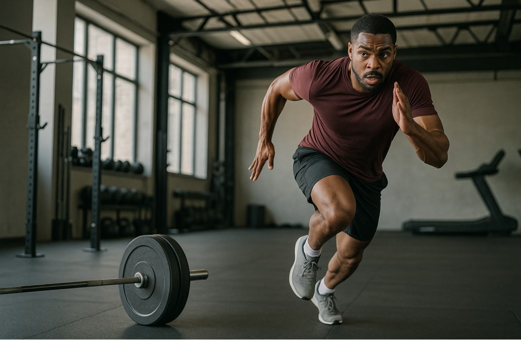 Athlete mid-sprint with weights nearby, showing both strength and conditioning elements.