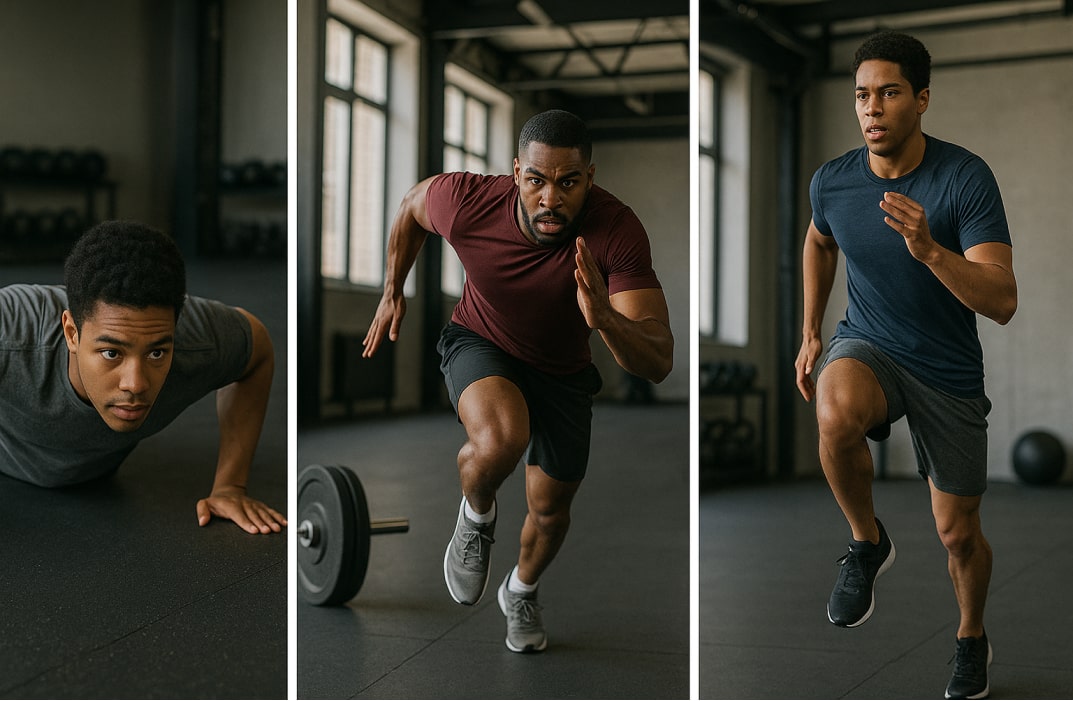 A collage showing a beginner performing push-ups, an athlete sprinting, and a fitness enthusiast doing HIIT.