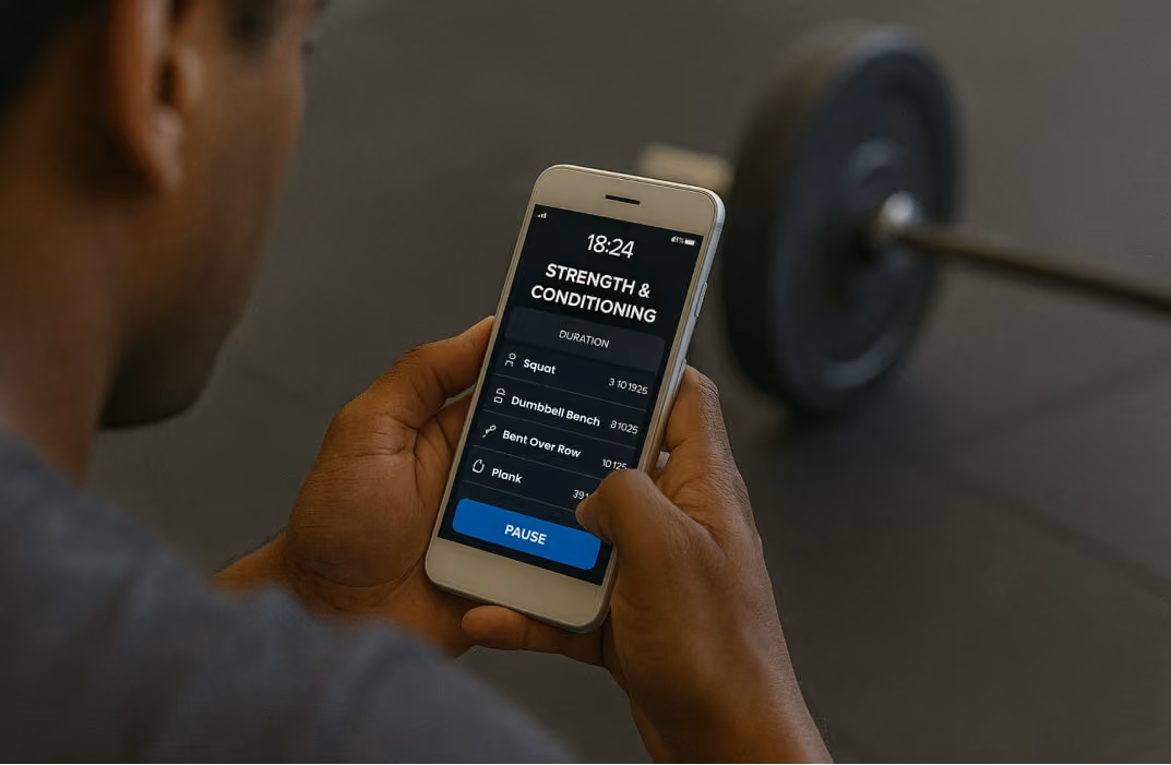 Person using a fitness app to track their strength and conditioning workout.