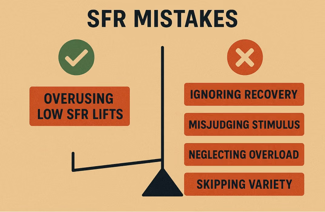 A “dos and don’ts” style infographic highlighting common SFR mistakes: overusing low SFR lifts, ignoring recovery, misjudging stimulus, neglecting overload, skipping variety.