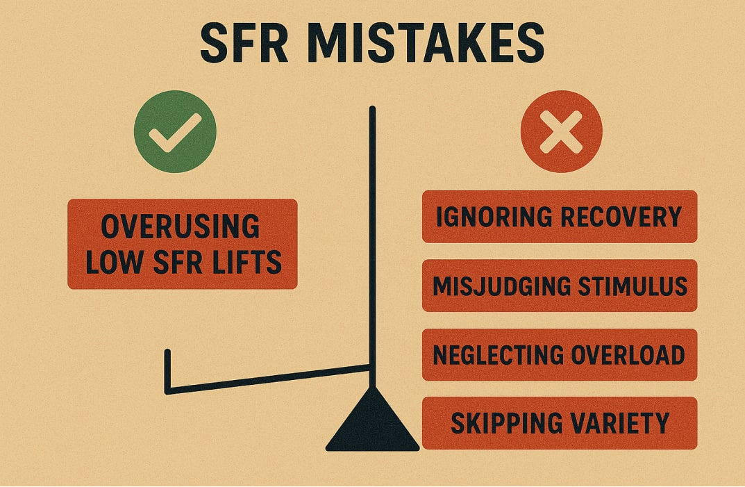 A “dos and don’ts” style infographic highlighting common SFR mistakes: overusing low SFR lifts, ignoring recovery, misjudging stimulus, neglecting overload, skipping variety.